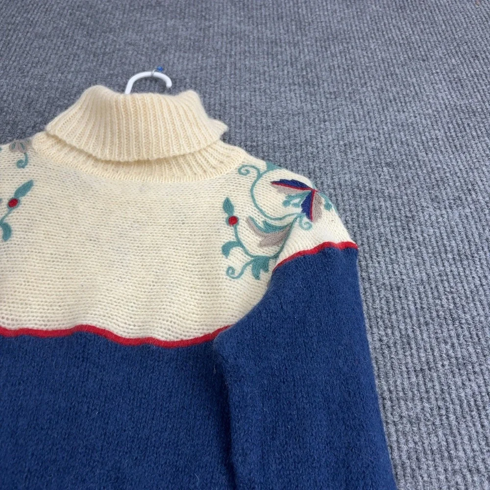Vintage Carroll Reed Sweater Womens M Blue‎ Wool Floral Turtleneck Cottagecore
